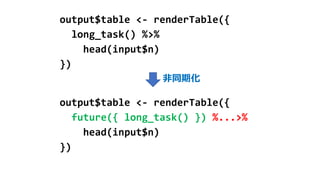 output$table <- renderTable({
long_task() %>%
head(input$n)
})
output$table <- renderTable({
future({ long_task() }) %...>...