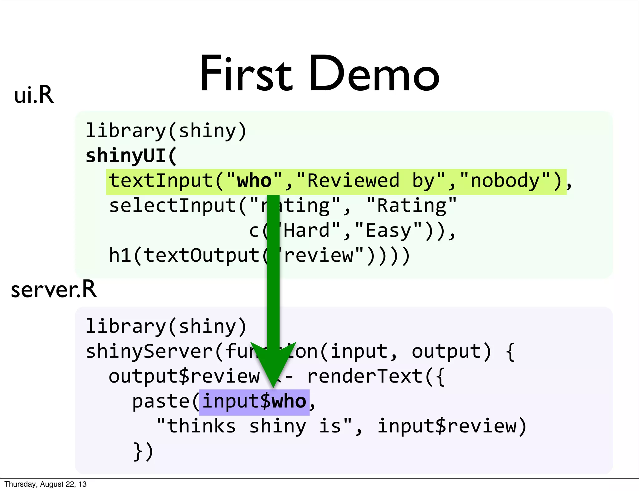 library(shiny)
shinyUI(
	
  	
  textInput("who","Reviewed	
  by","nobody"),
	
  	
  selectInput("rating",	
  "Rating"
	
  	
  	
  	
  	
  	
  	
  	
  	
  	
  	
  	
  	
  	
  c("Hard","Easy")),
	
  	
  h1(textOutput("review"))))
library(shiny)
shinyServer(function(input,	
  output)	
  {	
  
	
  	
  output$review	
  <-­‐	
  renderText({
	
  	
  	
  	
  paste(input$who,	
  
	
  	
  	
  	
  	
  	
  "thinks	
  shiny	
  is",	
  input$review)
	
  	
  	
  	
  })
input$who
First Demoui.R
server.R
textInput("who","Reviewed	
  by","nobody")
Thursday, August 22, 13
 