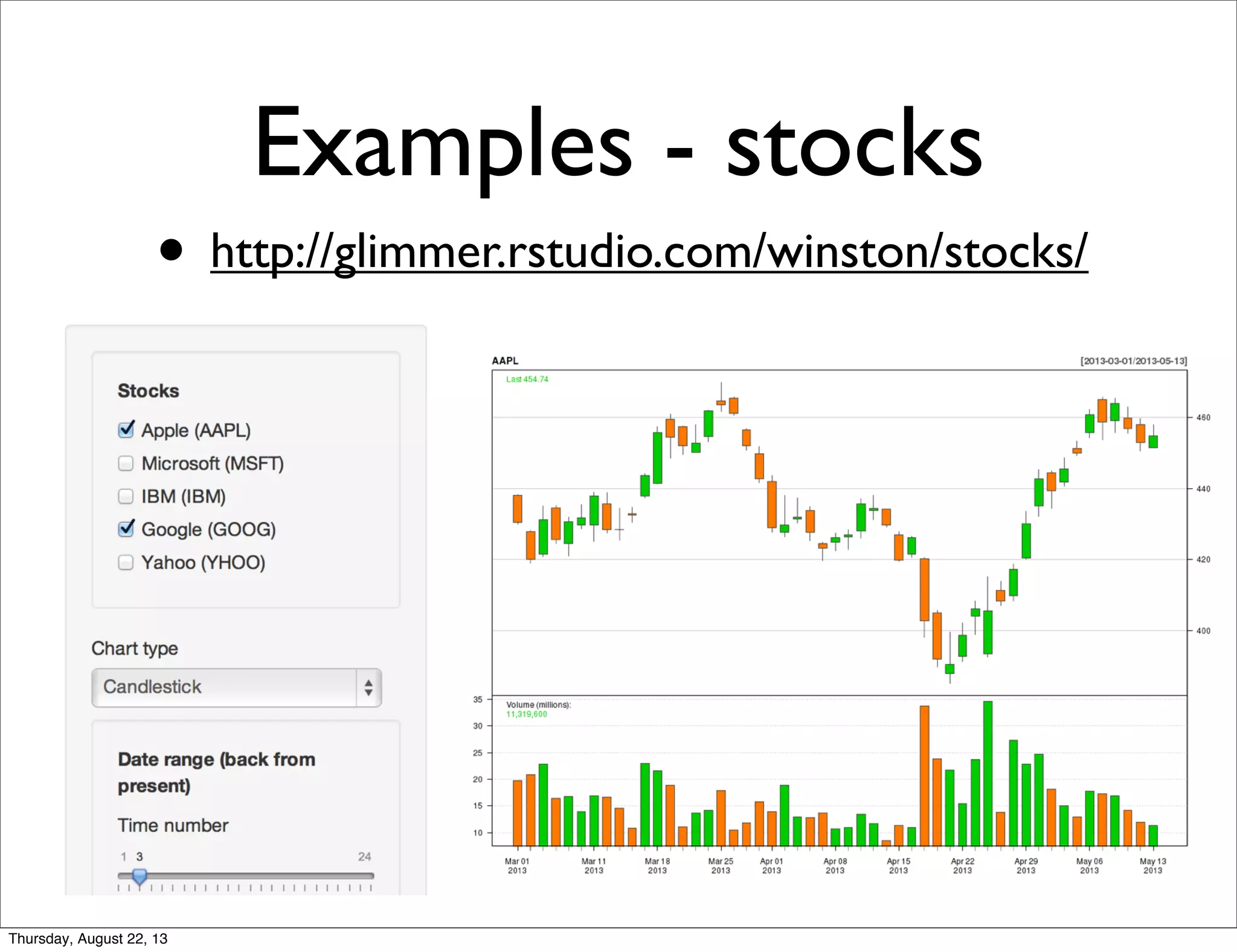 Examples - stocks
• http://glimmer.rstudio.com/winston/stocks/
Thursday, August 22, 13
 