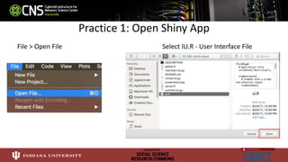 Practice 1: Open Shiny App
File > Open File Select IU.R - User Interface File
 