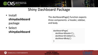 Shiny Dashboard Package
• Install
shinydashboard
package
• Select
shinydashboard
The dashboardPage() function expects
three components: a header, sidebar,
and body
 