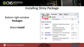 Installing Shiny Package
Bottom right window
Packages
Select Install
 
