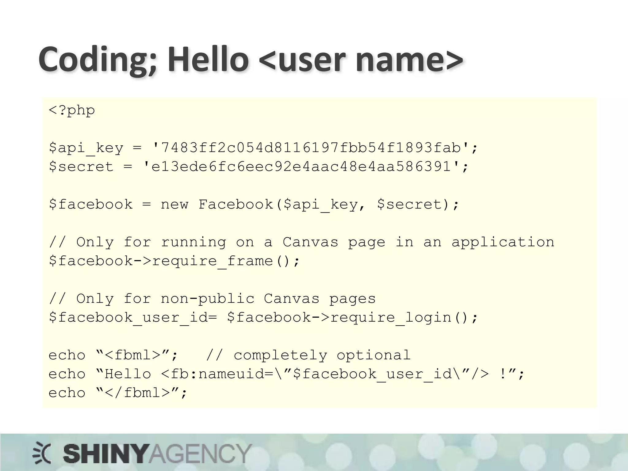 Facebook APIRESTAPI to access FacebookMost common uses are:get the User’s Friend listset Profile BoxesSend NotificationGet User’s InformationLots of client libraries:PHP, Java, .NET, RoRAPI keeps changing…37