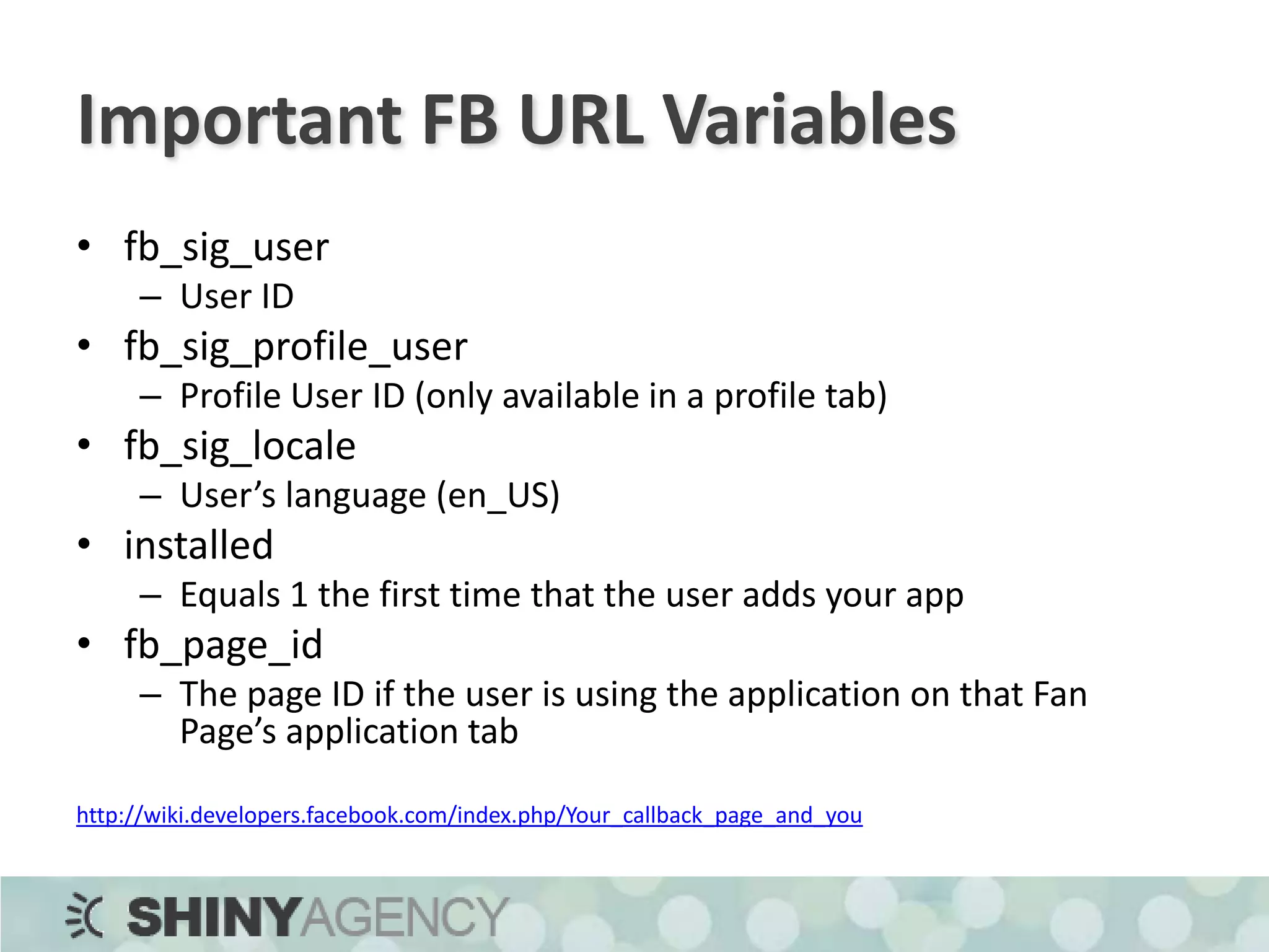 Coding; Registering Newsfeeds$one_line = array('{*actor*} is going to see <a href="{*url*}">{*movie*}</a> during the <a href=”{*appurl*}">Toronto International Film Festival</a>.’);$short_story = array(	array(		'template_title' => '{*actor*} is going to see <a href="{*url*}">{*movie*}</a> during the <a href=”{*appurl*}">Toronto International Film Festival</a>.',	'template_body' => 'Want to go with them?'	));$full_story = array(	array(		'template_title' => '{*actor*} is going to see <a href="{*url*}">{*movie*}</a> during the <a href="' . APP_URL . '">Toronto International Film Festival</a>.',	'template_body' => 'Want to go with them?’	));$action_links = array(array('text' => 'Check out the movie!', 'href' => APP_URL));$feed_id =$facebook->api_client->feed_registerTemplateBundle(	$one_line, $short_story, $full_story, $action_links);http://wiki.developers.facebook.com/index.php/Feed.registerTemplateBundle