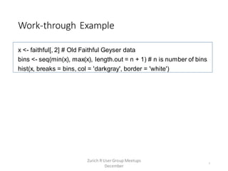 Work-through Example
x <- faithful[, 2] # Old Faithful Geyser data
bins <- seq(min(x), max(x), length.out = n + 1) # n is number of bins
hist(x, breaks = bins, col = 'darkgray', border = 'white')
7
Zurich R User Group Meetups
December
 
