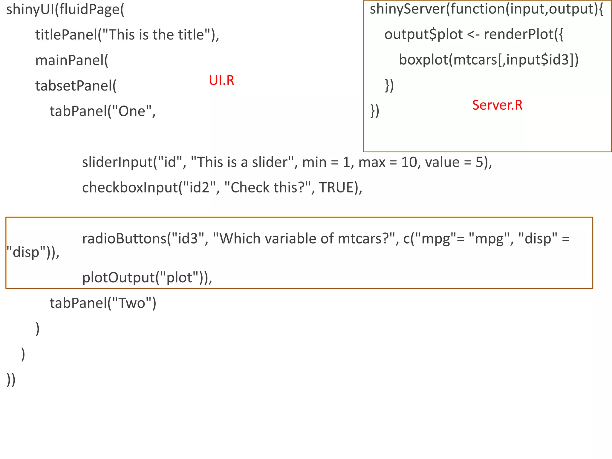 shinyServer(function(input,output){
output$plot <- renderPlot({
boxplot(mtcars[,input$id3])
})
})
shinyUI(fluidPage(
titlePanel("This is the title"),
mainPanel(
tabsetPanel(
tabPanel("One",
sliderInput("id", "This is a slider", min = 1, max = 10, value = 5),
checkboxInput("id2", "Check this?", TRUE),
radioButtons("id3", "Which variable of mtcars?", c("mpg"= "mpg", "disp" =
"disp")),
plotOutput("plot")),
tabPanel("Two")
)
)
))
Server.R
UI.R
 