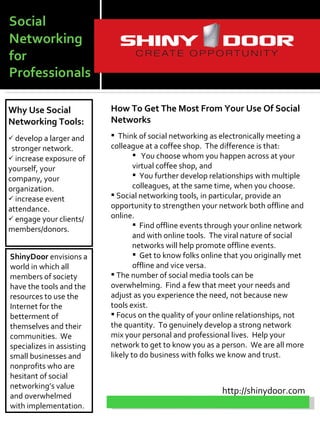 Why Use Social             How To Get The Most From Your Use Of Social
Networking Tools:          Networks
 develop a larger and      Think of social networking as electronically meeting a
 stronger network.         colleague at a coffee shop. The difference is that:
 increase exposure of              You choose whom you happen across at your
yourself, your                     virtual coffee shop, and
company, your                       You further develop relationships with multiple
organization.                      colleagues, at the same time, when you choose.
 increase event            Social networking tools, in particular, provide an
attendance.                opportunity to strengthen your network both offline and
 engage your clients/     online.
                                    Find offline events through your online network
members/donors.
                                   and with online tools. The viral nature of social
                                   networks will help promote offline events.
ShinyDoor envisions a               Get to know folks online that you originally met
world in which all                 offline and vice versa.
members of society          The number of social media tools can be
have the tools and the     overwhelming. Find a few that meet your needs and
resources to use the       adjust as you experience the need, not because new
Internet for the           tools exist.
betterment of               Focus on the quality of your online relationships, not
themselves and their       the quantity. To genuinely develop a strong network
communities. We            mix your personal and professional lives. Help your
specializes in assisting   network to get to know you as a person. We are all more
small businesses and       likely to do business with folks we know and trust.
nonprofits who are
hesitant of social
networking’s value
                                                            http://shinydoor.com
and overwhelmed
with implementation.
 