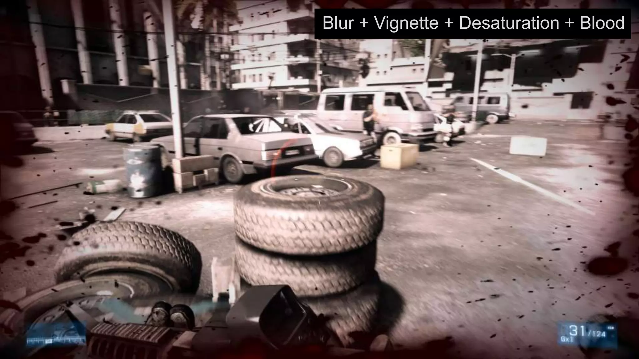 Blur + Vignette + Desaturation + Blood
 