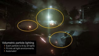 Volumetric particle lighting
 › Each particle is lit by all lights
 › Fit into all light environments
 › Automatic!
 