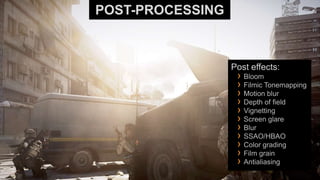 POST-PROCESSING



                  Post effects:
                   › Bloom
                   › Filmic Tonemapping
                   › Motion blur
                   › Depth of field
                   › Vignetting
                   › Screen glare
                   › Blur
                   › SSAO/HBAO
                   › Color grading
                   › Film grain
                   › Antialiasing
 