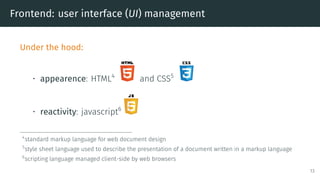 Frontend: user interface (UI) management
Under the hood:
• appearence: HTML4
and CSS5
• reactivity: javascript6
4
standard markup language for web document design
5
style sheet language used to describe the presentation of a document written in a markup language
6
scripting language managed client-side by web browsers
13
 