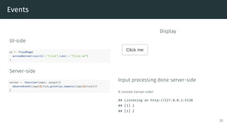 Events
UI-side
ui <- fluidPage(
actionButton(inputId = ”click”,label = ”Click me”)
)
Server-side
server <- function(input, output){
observeEvent(input$click,print(as.numeric(input$click)))
}
Display
Input processing done server-side
R console (server-side)
## Listening on http://127.0.0.1:5138
## [1] 1
## [1] 2
20
 