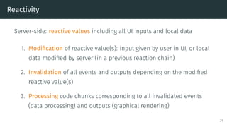 Reactivity
Server-side: reactive values including all UI inputs and local data
1. Modification of reactive value(s): input given by user in UI, or local
data modified by server (in a previous reaction chain)
2. Invalidation of all events and outputs depending on the modified
reactive value(s)
3. Processing code chunks corresponding to all invalidated events
(data processing) and outputs (graphical rendering)
21
 