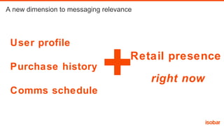 A new dimension to messaging relevance

User profile

+

Retail presence

Purchase history
Comms schedule

right now

 