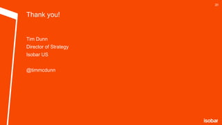 20

Thank you!

Tim Dunn
Director of Strategy
Isobar US
@timmcdunn

CLIENT LOGO

 