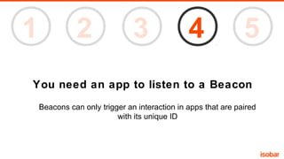 1

2

3

4

5

You need an app to listen to a Beacon
Beacons can only trigger an interaction in apps that are paired
with its unique ID

 
