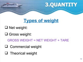 Types of weight Net weight: Gross weight: GROSS WEIGHT = NET WEIGHT + TARE Commercial weight Theorical weight 