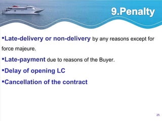 Late-delivery or non-delivery   by any reasons except for force majeure. Late-payment   due to reasons of the Buyer. Delay of opening LC Cancellation of the contract 