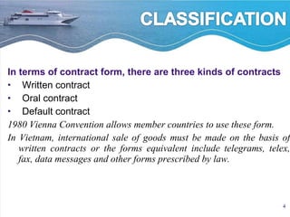 In terms of contract form, there are three kinds of contracts Written contract Oral contract Default contract 1980 Vienna Convention allows member countries to use these form.  In Vietnam, international sale of goods must be made on the basis of written contracts or the forms equivalent include telegrams, telex, fax, data messages and other forms prescribed by law. 