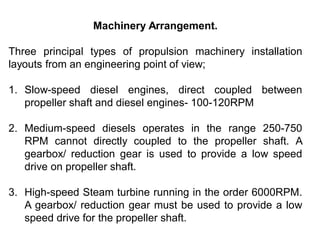 Machinery Arrangement.
Three principal types of propulsion machinery installation
layouts from an engineering point of view;
1. Slow-speed diesel engines, direct coupled between
propeller shaft and diesel engines- 100-120RPM
2. Medium-speed diesels operates in the range 250-750
RPM cannot directly coupled to the propeller shaft. A
gearbox/ reduction gear is used to provide a low speed
drive on propeller shaft.
3. High-speed Steam turbine running in the order 6000RPM.
A gearbox/ reduction gear must be used to provide a low
speed drive for the propeller shaft.
 