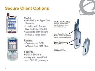 Secure Client Options

         PDA’s
         • HP PDA’s w/ Type One
           Security
         • Loaded with Apriva
           SW and CAC reader
         • Supports both secure
           e-mail & voice calls

         Phones
         • Commercial GSM
           w/Type One SIM Chip

         Security
         • GDC4 Sectera
         • Integrated into GSM
           and 802.11 gateways


10
 