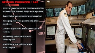 SECOND ENGINEER / 1AE
• Directly responsible for the operation and
maintenance of main propulsion systems.
• Supervising engine room watchkeeping.
• Managing junior engineers and crew
members.
• Overseeing routine maintenance and
repairs.
• Monitoring fuel and lubricant
consumption.
• In-charge in the upkeep of the
main engine.
 