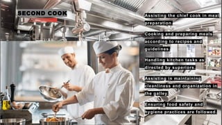 SECOND COOK • Assisting the chief cook in meal
preparation.
• Cooking and preparing meals
according to recipes and
guidelines.
• Handling kitchen tasks as
directed by superiors.
• Assisting in maintaining
cleanliness and organization in
the galley.
• Ensuring food safety and
hygiene practices are followed.
 