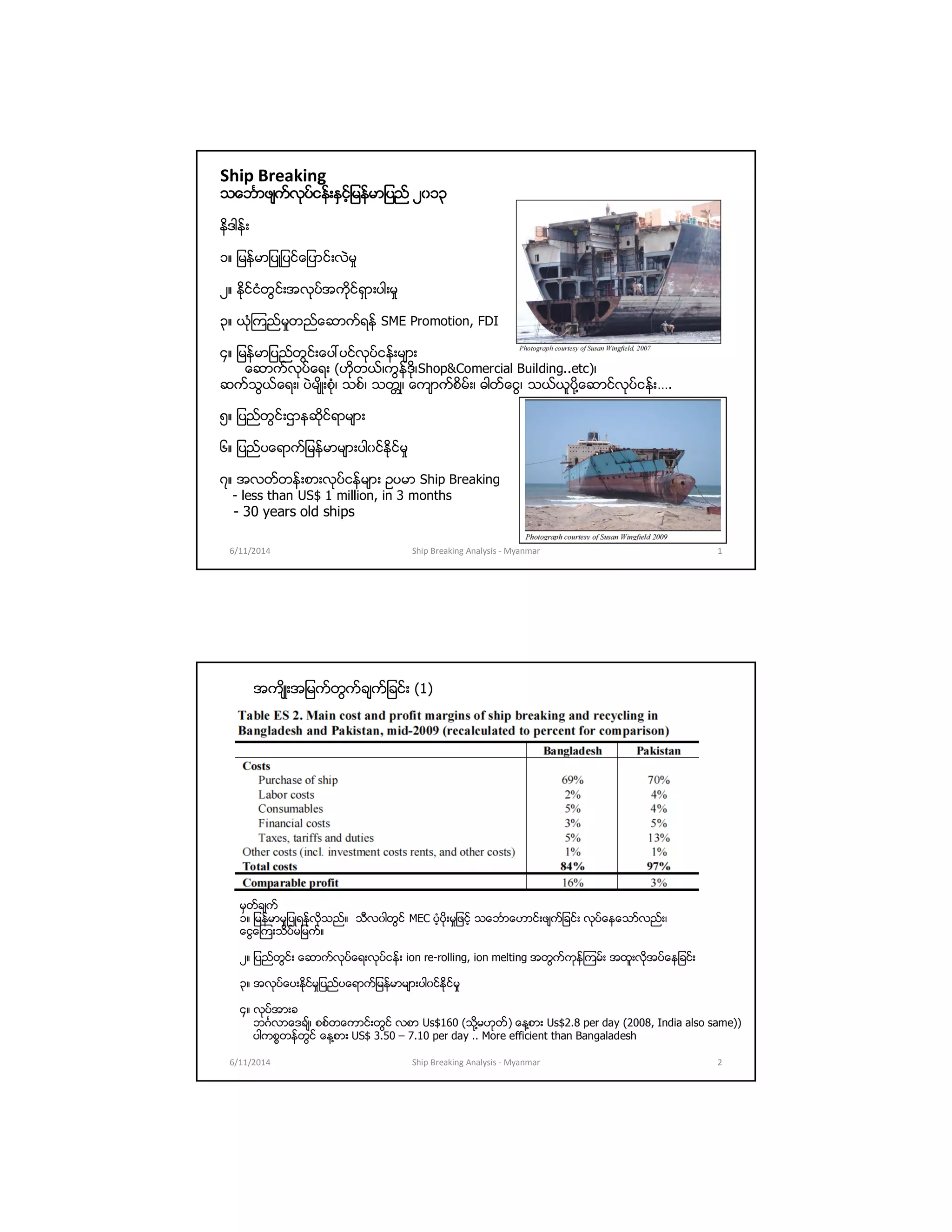 Ship Breaking
သေဘၤာဖ်က္လုပ္ငန္းႏွင့္ျမန္မာျပည္ ၂၀၁၃
နိဒါန္း
၁။ ျမန္မာျပဳျပင္ေျပာင္းလဲမႈ
၂။ ႏိုင္ငံတြင္းအလုပ္အကိုင္ရွားပါးမႈ
၃။ ယံုၾကည္မႈတည္ေဆာက္ရန္ SME Promotion, FDI
၄။ ျမန္မာျပည္တြင္းေပၚပင္လုပ္ငန္းမ်ား
ေဆာက္လုပ္ေရး (ဟုိတယ္၊ကြန္ဒို၊Shop&Comercial Building..etc)၊
ဆက္သြယ္ေရး၊ ပဲမ်ိဳးစံု၊ သစ္၊ သတၲဳ၊ ေက်ာက္စိမ္း၊ ဓါတ္ေငြ၊ သယ္ယူပို႔ေဆာင္လုပ္ငန္း….
၅။ ျပည္တြင္းဌာနဆိုင္ရာမ်ား
၆။ ျပည္ပေရာက္ျမန္မာမ်ားပါ၀င္ႏိုင္မႈ
၇။ အလတ္တန္းစားလုပ္ငန္မ်ား ဥပမာ Ship Breaking
- less than US$ 1 million, in 3 months
- 30 years old ships
6/11/2014 1Ship Breaking Analysis - Myanmar
အက်ိဳးအျမက္တြက္ခ်က္ျခင္း (1)
မွတ္ခ်က္
၁။ ျမန္မာမႈျပဳရန္လိုသည္။ သီလ၀ါတြင္ MEC ပံ့ပိုးမႈျဖင့္ သေဘၤာေဟာင္းဖ်က္ျခင္း လုပ္ေနေသာ္လည္း၊
ေငြေၾကးသိပ္မျမက္။
၂။ ျပည္တြင္း ေဆာက္လုပ္ေရးလုပ္ငန္း ion re-rolling, ion melting အတြက္ကုန္ၾကမ္း အထူးလိုအပ္ေနျခင္း
၃။ အလုပ္ေပးႏိုင္မႈျပည္ပေရာက္ျမန္မာမ်ားပါ၀င္ႏိုင္မႈ
၄။ လုပ္အားခ
ဘဂၤလာေဒခ်္၊ စစ္တေကာင္းတြင္ လစာ Us$160 (သို႔မဟုတ္) ေန႔စား Us$2.8 per day (2008, India also same))
ပါကစၥတန္တြင္ ေန႔စား US$ 3.50 – 7.10 per day .. More efficient than Bangaladesh
6/11/2014 2Ship Breaking Analysis - Myanmar
 