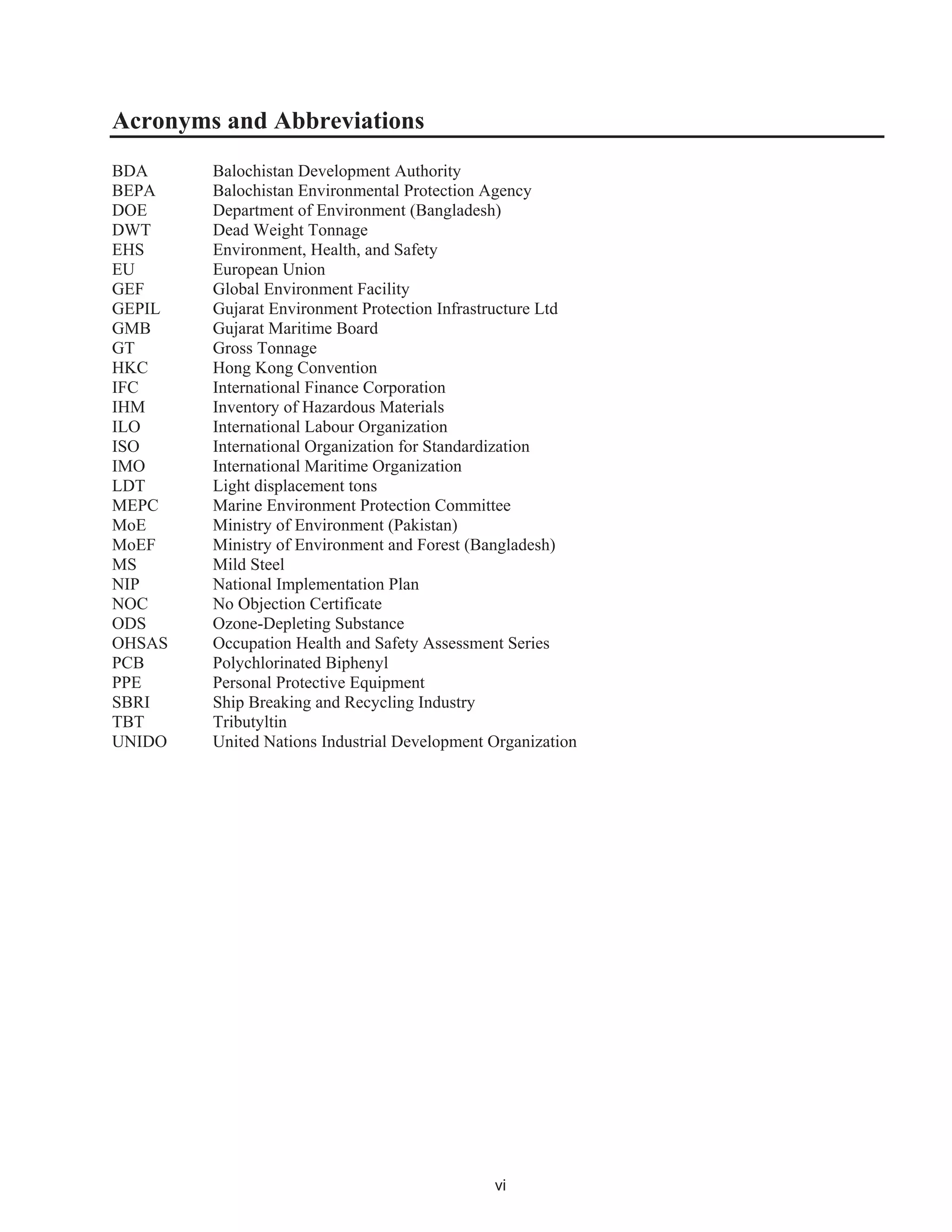 vi
Acronyms and Abbreviations
BDA Balochistan Development Authority
BEPA Balochistan Environmental Protection Agency
DOE Department of Environment (Bangladesh)
DWT Dead Weight Tonnage
EHS Environment, Health, and Safety
EU European Union
GEF Global Environment Facility
GEPIL Gujarat Environment Protection Infrastructure Ltd
GMB Gujarat Maritime Board
GT Gross Tonnage
HKC Hong Kong Convention
IFC International Finance Corporation
IHM Inventory of Hazardous Materials
ILO International Labour Organization
ISO International Organization for Standardization
IMO International Maritime Organization
LDT Light displacement tons
MEPC Marine Environment Protection Committee
MoE Ministry of Environment (Pakistan)
MoEF Ministry of Environment and Forest (Bangladesh)
MS Mild Steel
NIP National Implementation Plan
NOC No Objection Certificate
ODS Ozone-Depleting Substance
OHSAS Occupation Health and Safety Assessment Series
PCB Polychlorinated Biphenyl
PPE Personal Protective Equipment
SBRI Ship Breaking and Recycling Industry
TBT Tributyltin
UNIDO United Nations Industrial Development Organization
 