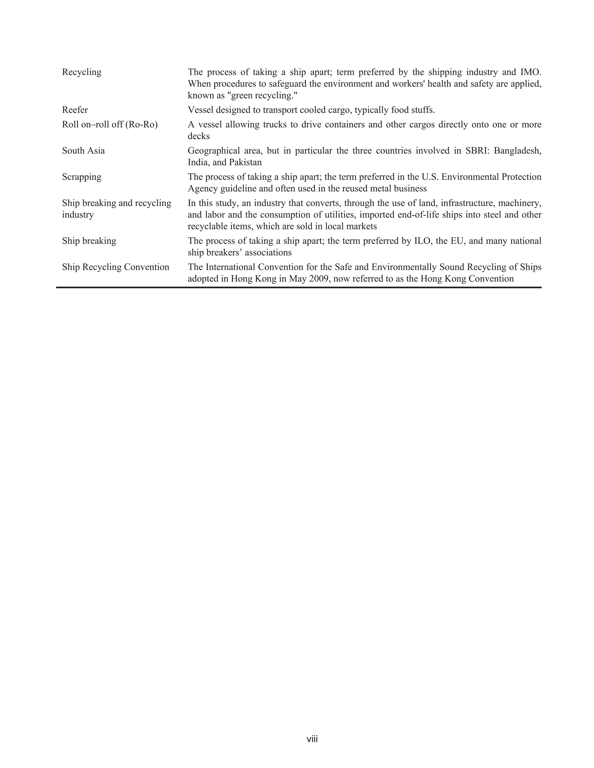 viii
Recycling The process of taking a ship apart; term preferred by the shipping industry and IMO.
When procedures to safeguard the environment and workers' health and safety are applied,
known as "green recycling."
Reefer Vessel designed to transport cooled cargo, typically food stuffs.
Roll on–roll off (Ro-Ro) A vessel allowing trucks to drive containers and other cargos directly onto one or more
decks
South Asia Geographical area, but in particular the three countries involved in SBRI: Bangladesh,
India, and Pakistan
Scrapping The process of taking a ship apart; the term preferred in the U.S. Environmental Protection
Agency guideline and often used in the reused metal business
Ship breaking and recycling
industry
In this study, an industry that converts, through the use of land, infrastructure, machinery,
and labor and the consumption of utilities, imported end-of-life ships into steel and other
recyclable items, which are sold in local markets
Ship breaking The process of taking a ship apart; the term preferred by ILO, the EU, and many national
ship breakers’ associations
Ship Recycling Convention The International Convention for the Safe and Environmentally Sound Recycling of Ships
adopted in Hong Kong in May 2009, now referred to as the Hong Kong Convention
 