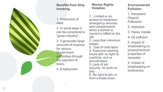 .
Benefits from Ship
breaking
1. Production of
steel
2. In some ways it
can be considered a
“green industry”.
3. It generates large
amounts of revenue
for various
Government
authorities through
the payment of
taxes.
4. Employment.
Worker Rights
Violation
1. Limited or no
access to treatment,
emergency services
and compensation
when a worker is
injured or killed on the
job.
2. Less than minimum
wages.
3. Use of child labor.
4. Extensive working
hours with no right to
overtime, sick or
annual leave.
5. Lack of job
security: no work no
pay.
6. No right to join or
form a trade union.
Environmental
Pollution
1. Persistent
Organic
Pollutants
2. Asbestos
3. Heavy metals
4. Oil pollution
5. Impact of
shipbreaking on
physiochemical
properties of
seawater
6. Impact of
shipbreaking on
biodiversity
12
 