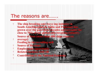 i b ki d li i d t i
yment opportunity
The reasons are…….
The ship breaking and recyc ing industry in
South Asia(Bangladesh, India and Pakistan) has
grown over the past three decades and accounts for
close to 70% of the global ship breaking industry.
Source of Iron (more than 400 ships come on
average)
Feeding to the re-rolling mill
Source of Revenue
Employment opportunity
Related business with SB
Contribution to the National Economy
†
†
†
†
†
†
†
 