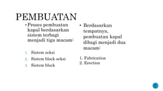 Proses pembuatan
kapal berdasarkan
sistem terbagi
menjadi tiga macam:
1. Sistem seksi
2. Sistem block seksi
3. Sistem block
• Berdasarkan
tempatnya,
pembuatan kapal
dibagi menjadi dua
macam:
1. Fabrication
2. Erection
 