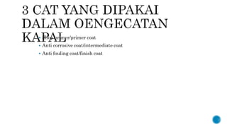  Shop primer/primer coat
 Anti corrosive coat/intermediate coat
 Anti fouling coat/finish coat
 
