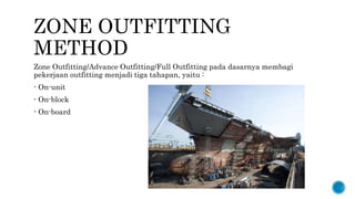 ZONE OUTFITTING
METHOD
Zone Outfitting/Advance Outfitting/Full Outfitting pada dasarnya membagi
pekerjaan outfitting menjadi tiga tahapan, yaitu :
- On-unit
- On-block
- On-board
 