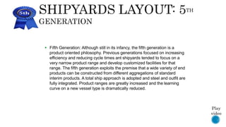  Fifth Generation: Although still in its infancy, the fifth generation is a
product oriented philosophy. Previous generations focused on increasing
efficiency and reducing cycle times ant shipyards tended to focus on a
very narrow product range and develop customized facilities for that
range. The fifth generation exploits the premise that a wide variety of end
products can be constructed from different aggregations of standard
interim products. A total ship approach is adopted and steel and outfit are
fully integrated. Product ranges are greatly increased and the learning
curve on a new vessel type is dramatically reduced.
Play
video
 