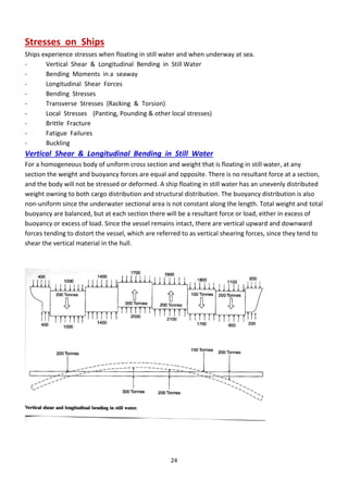 24
Stresses on Ships
Ships experience stresses when floating in still water and when underway at sea.
- Vertical Shear & Longitudinal Bending in Still Water
- Bending Moments in a seaway
- Longitudinal Shear Forces
- Bending Stresses
- Transverse Stresses (Racking & Torsion)
- Local Stresses (Panting, Pounding & other local stresses)
- Brittle Fracture
- Fatigue Failures
- Buckling
Vertical Shear & Longitudinal Bending in Still Water
For a homogeneous body of uniform cross section and weight that is floating in still water, at any
section the weight and buoyancy forces are equal and opposite. There is no resultant force at a section,
and the body will not be stressed or deformed. A ship floating in still water has an unevenly distributed
weight owning to both cargo distribution and structural distribution. The buoyancy distribution is also
non-uniform since the underwater sectional area is not constant along the length. Total weight and total
buoyancy are balanced, but at each section there will be a resultant force or load, either in excess of
buoyancy or excess of load. Since the vessel remains intact, there are vertical upward and downward
forces tending to distort the vessel, which are referred to as vertical shearing forces, since they tend to
shear the vertical material in the hull.
 