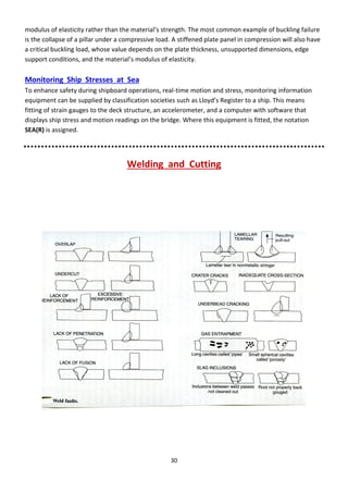 30
modulus of elasti it athe tha the ate ial’s st e gth. The ost o o e a ple of u kli g failu e
is the collapse of a pillar under a compressive load. A stiffened plate panel in compression will also have
a critical buckling load, whose value depends on the plate thickness, unsupported dimensions, edge
suppo t o ditio s, a d the ate ial’s odulus of elasti it .
Monitoring Ship Stresses at Sea
To enhance safety during shipboard operations, real-time motion and stress, monitoring information
e uip e t a e supplied lassifi atio so ieties su h as Llo d’s Registe to a ship. This ea s
fitting of strain gauges to the deck structure, an accelerometer, and a computer with software that
displays ship stress and motion readings on the bridge. Where this equipment is fitted, the notation
SEA(R) is assigned.
Welding and Cutting
 
