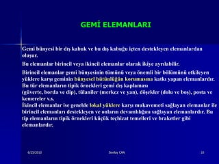 GEMĠ ELEMANLARI


Gemi bünyesi bir dış kabuk ve bu dış kabuğu içten destekleyen elemanlardan
oluşur.
Bu elemanlar birincil veya ikincil elemanlar olarak ikiye ayrılabilir.
Birincil elemanlar gemi bünyesinin tümünü veya önemli bir bölümünü etkileyen
yüklere karşı geminin bünyesel bütünlüğün korumasına katkı yapan elemanlardır.
Bu tür elemanların tipik örnekleri gemi dış kaplaması
(güverte, borda ve dip), tülaniler (merkez ve yan), döşekler (dolu ve boş), posta ve
kemereler v.s.
İkincil elemanlar ise genelde lokal yüklere karşı mukavemeti sağlayan elemanlar ile
birincil elemanları destekleyen ve onların devamlılığını sağlayan elemanlardır. Bu
tip elemanların tipik örnekleri küçük teçhizat temelleri ve braketler gibi
elemanlardır.



  6/25/2010                           Sevilay CAN                           10
 