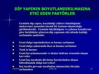 DĠP YAPININ BOYUTLANDIRILMASINA
           ETKĠ EDEN FAKTÖRLER

     Geminin dip yapısı, karşıladığı yüklere bakıldığında
     mukavemet açısından önemli bir kısmını oluşturduğu
     görülmektedir. Geminin büyüklüğune ve çalışma koşullarına
     göre farklılıklar gösteren dip yapısının etki altında kaldığı
     zorlamalar şunlardır:

         Gemi dalga tepesindeyken su basıncı zorlaması
         Gemi dalga çukurunda iken su basıncı zorlaması
         Tank iç basıncı
         Gemi havuzlanmasında ve denize indirme sırasında oluşan
          kuvvetler
         Gemi baş tarafında dövünme hareketinden oluşan
          hidrodinamik dalga kuvvetleri
         Kıç tarafta pervane tarafından oluşturulan titreşim
6/25/2010
          zorlamaları               Sevilay CAN                     14
 