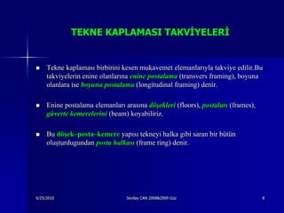 TEKNE KAPLAMASI TAKVİYELERİ


    Tekne kaplaması birbirini kesen mukavemet elemanlarıyla takviye edilir.Bu
     takviyelerin enine olanlarına enine postalama (transvers framing), boyuna
     olanlara ise boyuna postalama (longitudinal framing) denir.

    Enine postalama elemanları arasına döşekleri (floors), postaları (frames),
     güverte kemerelerini (beam) koyabiliriz.

    Bu döşek–posta–kemere yapısı tekneyi halka gibi saran bir bütün
     oluşturdugundan posta halkası (frame ring) denir.




6/25/2010                        Sevilay CAN 2008&2009 Güz                        8
 