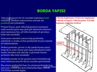 BORDA YAPISI
Tekne kaplamasının her iki yanındaki kaplamaya borda              1-Borda kaplaması; 2-Güverte kaplaması;
(side)denir. Bordanın mukavemetini artırmak için                  3-Borda stringeri; 4-Derin posta; 5-İç dip
postalarla takviyelendirilir.                                     kaplama; 6-Sintine braketi
Postanın boyutu, gemi yüksekliği,postanın taşınmayan
aralık mesafesi,posta arası,draft gibi faktörlerle belirlenir.(
posta taşınmayan boy, çift dibin üzerinden alt güverteye
kadar olan mesafedir)
Enine posta sisteminin yanısıra harp gemilerinde,
tankerlerde ve maden cevheri gemilerinde boyuna sistemde
de kullanılmaktadır.                                                POSTA


Modern gemilerde, güverte ve dip yapıda boyuna sistem,
borda da ise enine sisteme göre inşaa edilmektedir.Çünkü
tarafsız eksenden uzak olan dip ve güvertede boyuna
gerilmeler daha fazla olmaktadır.
Bordadaki postalar ise her geminin maruz bulunabileceği
enine zorlamaya karşı bir takviye meydana getirmektedir.
Baş çatışma perdesinden başa, kıç çatışma perdesinden kıça
posta arası 610mm den fazla olmamalıdır.Diger yerlerde 2008&2009 Güz
             6/25/2010                         Sevilay CAN                                            9

535-955mm arasında değişir.
 
