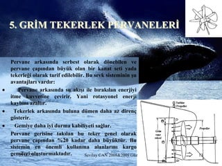 5. GRĠM TEKERLEK PERVANELERĠ


    Pervane arkasında serbest olarak dönebilen ve
    pervane çapından büyük olan bir kanat seti yada
    tekerleği olarak tarif edilebilir. Bu sevk sisteminin Ģu
    avantajları vardır:
       Pervane arkasında su akıĢı ile bırakılan enerjiyi
    itme kuvvetine çevirir. Yani rotasyonel enerji
    kaybını azaltır.
     Tekerlek arkasında buluna dümen daha az direnç
    gösterir.
     Gemiye daha iyi durma kabiliyeti sağlar.
    Pervane gerisine takılan bu teker genel olarak
    pervane çapından %20 kadar daha büyüktür. Bu
    sistemin en önemli kullanma alanlarını kargo
    gemileri oluĢturmaktadır.
        25.06.2010                    Sevilay CAN 2008&2009 Güz   13
 