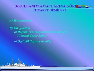 3-KULLANIM AMAÇLARINA GÖRE
                     TİCARET GEMİLERİ


 A) Yolcu gemileri

 B) Yük gemileri
    a) Değişik Yük Taşıyabilen Yük Gemileri
       (General Cargo Ships)
       b) Özel Yük Taşıyan Gemiler




6/25/2010             Sevilay CAN 2008&2009 Güz   21
 