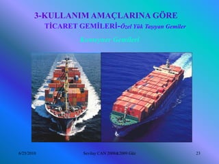 3-KULLANIM AMAÇLARINA GÖRE
          TİCARET GEMİLERİ-Özel Yük Taşıyan Gemiler
                    Konteyner Gemileri




6/25/2010            Sevilay CAN 2008&2009 Güz        23
 