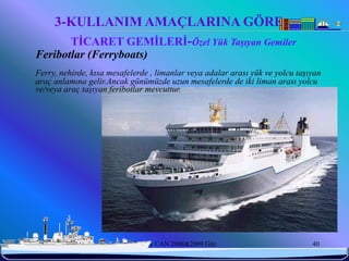 3-KULLANIM AMAÇLARINA GÖRE
          TİCARET GEMİLERİ-Özel Yük Taşıyan Gemiler
 Feribotlar (Ferryboats)
 Ferry, nehirde, kısa mesafelerde , limanlar veya adalar arası yük ve yolcu taşıyan
 araç anlamına gelir.Ancak günümüzde uzun mesafelerde de iki liman arası yolcu
 ve/veya araç taşıyan feribotlar mevcuttur.




6/25/2010                   Sevilay CAN 2008&2009 Güz                           40
 