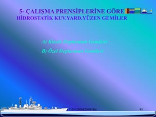 5- ÇALIŞMA PRENSİPLERİNE GÖRE
  HİDROSTATİK KUV.YARD.YÜZEN GEMİLER



            A) Klasik Deplasman Gemileri
            B) Özel Deplasman Gemileri




6/25/2010          Sevilay CAN 2008&2009 Güz   43
 