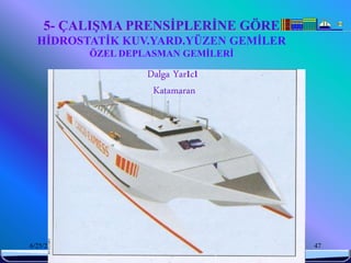 5- ÇALIŞMA PRENSİPLERİNE GÖRE
  HİDROSTATİK KUV.YARD.YÜZEN GEMİLER
            ÖZEL DEPLASMAN GEMİLERİ

                       Dalga Yarıcı
                        Katamaran




6/25/2010          Sevilay CAN 2008&2009 Güz   47
 