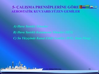 5- ÇALIŞMA PRENSİPLERİNE GÖRE
   AEROSTATİK KUV.YARD.YÜZEN GEMİLER



     A) Hava Yastıklı Tekneler
     B) Hava Yastıklı Katamaran Tekneler (SES)
     C) Su Yüzeyinde Kanat Etkili Gemiler (WIG, Ram Wing)




6/25/2010             Sevilay CAN 2008&2009 Güz        52
 