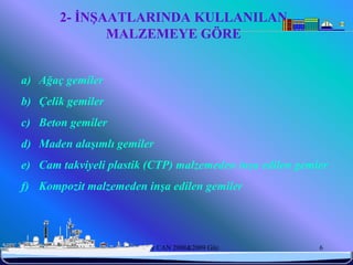 2- İNŞAATLARINDA KULLANILAN
                    MALZEMEYE GÖRE


a) Ağaç gemiler
b) Çelik gemiler
c) Beton gemiler
d) Maden alaşımlı gemiler
e) Cam takviyeli plastik (CTP) malzemeden inşa edilen gemier
f) Kompozit malzemeden inşa edilen gemiler




 6/25/2010            Sevilay CAN 2008&2009 Güz           6
 